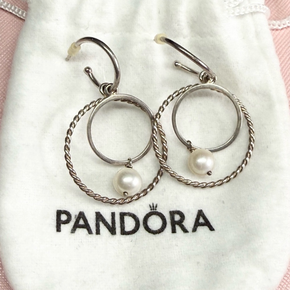Pandora Retired/Vintage 3 Piece Compose Silver Earrings with Pearls - Picture 1 of 7
